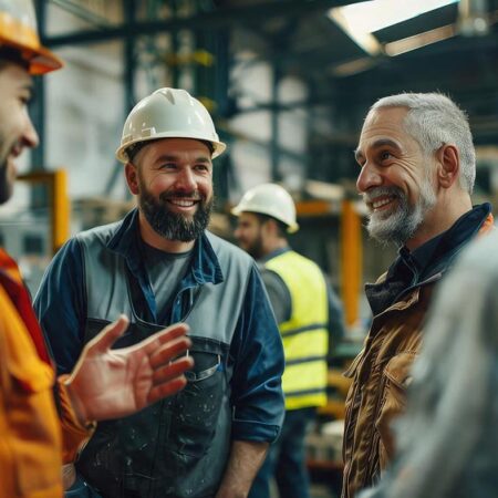 Reinforce behaviours, not just procedures A supervisor reinforces drug and alcohol policy requirements during a toolbox talk in a workplace.